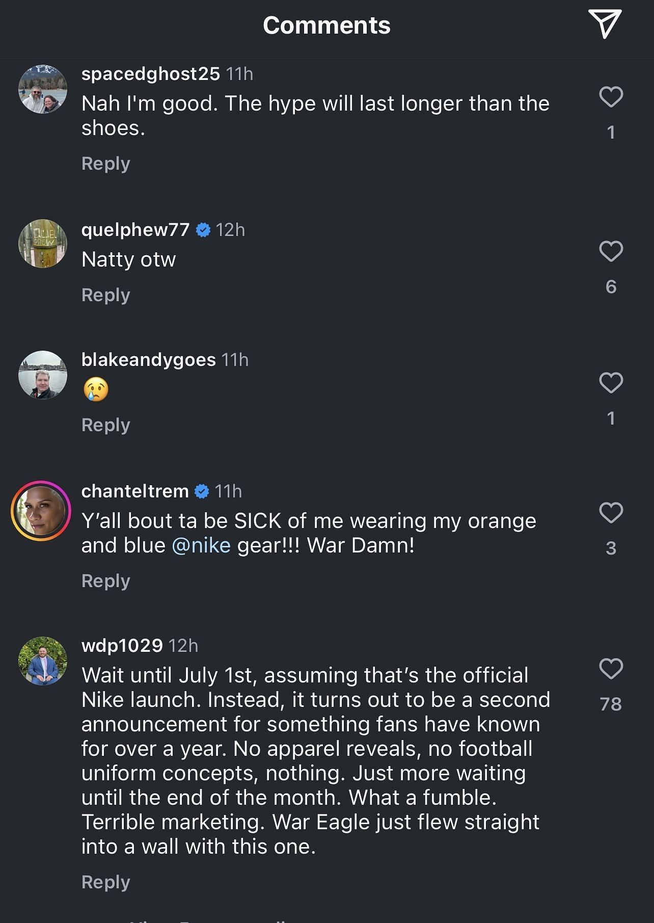 Fan comments on Instagram